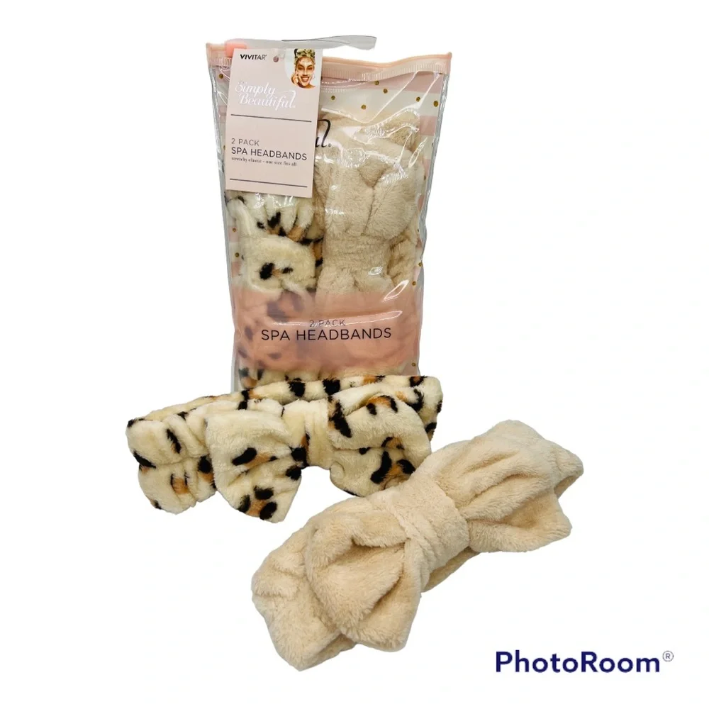 Vivitar Plush Leopard/Crème Bowknot Spa Headbands Set of 2 NWT - Picture 2 of 4